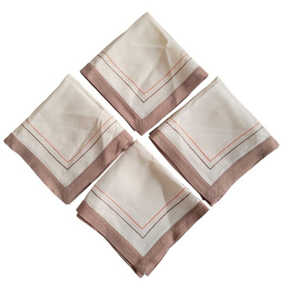 Vintage Luncheon Cocktail Napkins Cream with Brown Trim Orange and Brown Stitch - Picture 1 of 5